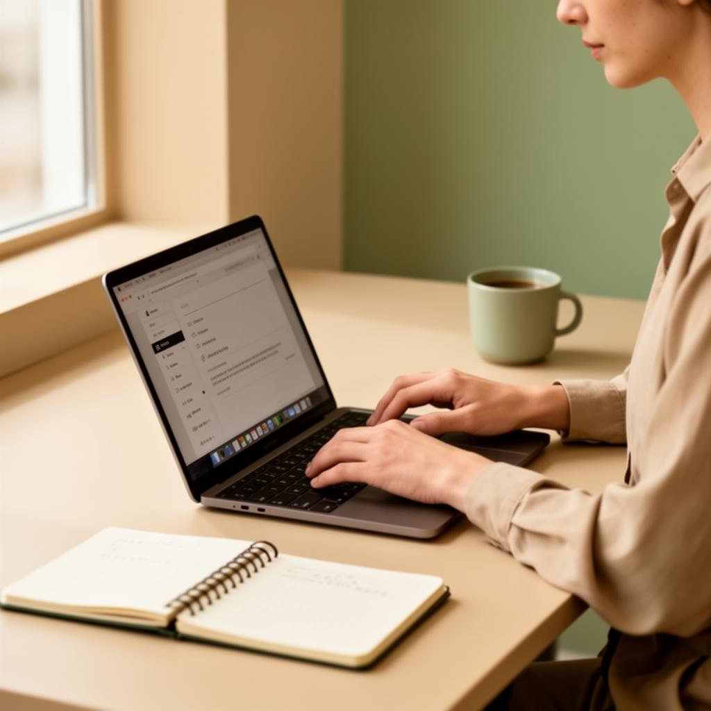 Persona trabajando en computador, lista para conversar sobre tu proyecto